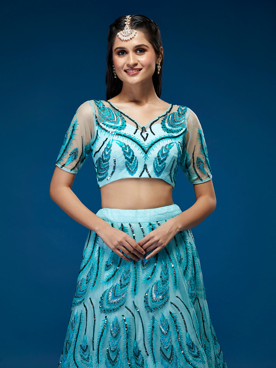 Seagreen Net Sequins Embroidered Semi-Stitched Lehenga & Blouse with Dupatta Clothsvilla