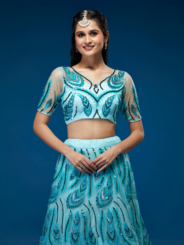 Seagreen Net Sequins Embroidered Semi-Stitched Lehenga & Blouse with Dupatta Clothsvilla