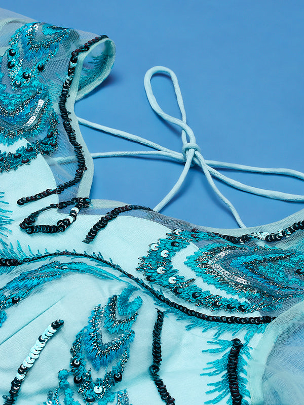 Seagreen Net Sequins Embroidered Semi-Stitched Lehenga & Blouse with Dupatta Clothsvilla