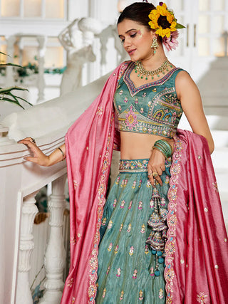 Seagreen Premium Tissue Sequin Embroidered Lehenga Choli Set with Ethnic Cutwork Dupatta & Handmade Tassels ClothsVilla