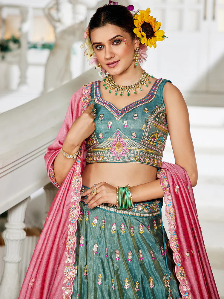 Seagreen Premium Tissue Sequin Embroidered Lehenga Choli Set with Ethnic Cutwork Dupatta & Handmade Tassels ClothsVilla