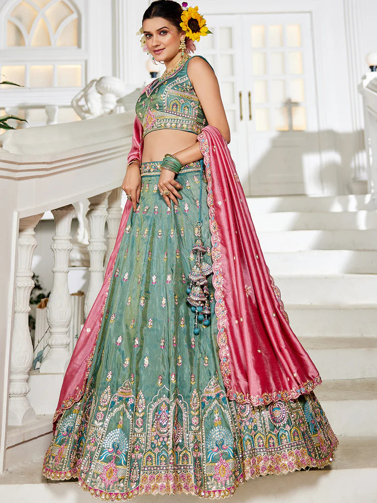 Seagreen Premium Tissue Sequin Embroidered Lehenga Choli Set with Ethnic Cutwork Dupatta & Handmade Tassels ClothsVilla