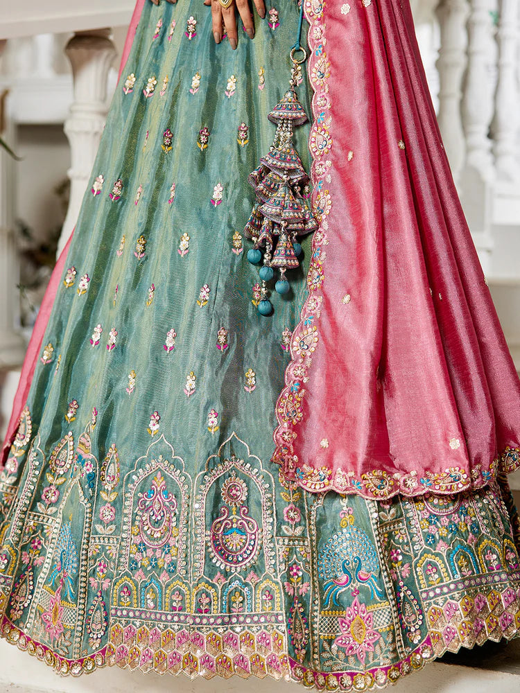 Seagreen Premium Tissue Sequin Embroidered Lehenga Choli Set with Ethnic Cutwork Dupatta & Handmade Tassels ClothsVilla