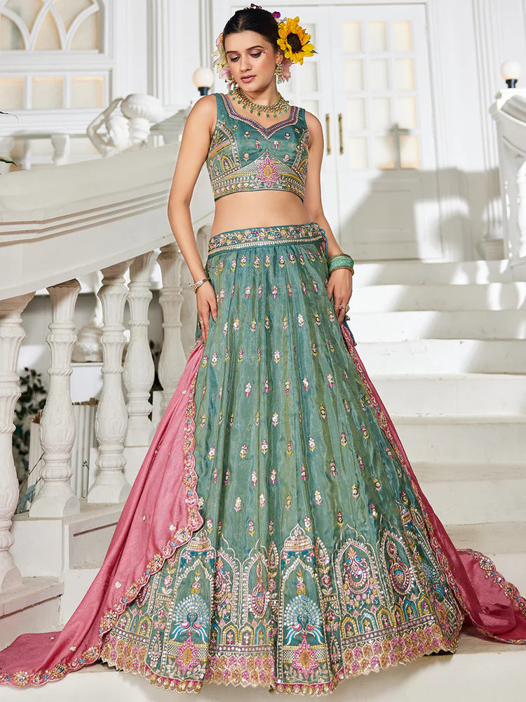 Seagreen Premium Tissue Sequin Embroidered Lehenga Choli Set with Ethnic Cutwork Dupatta & Handmade Tassels ClothsVilla