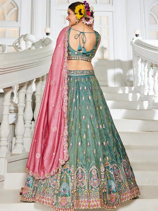Seagreen Premium Tissue Sequin Embroidered Lehenga Choli Set with Ethnic Cutwork Dupatta & Handmade Tassels ClothsVilla