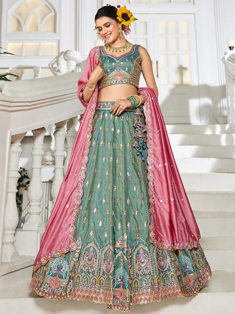 Seagreen Premium Tissue Sequin Embroidered Lehenga Choli Set with Ethnic Cutwork Dupatta & Handmade Tassels ClothsVilla