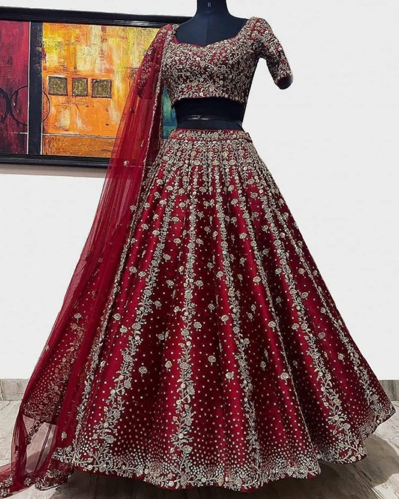 Sequined Embroidered Silk Lehenga Choli Set with Net Dupatta ClothsVilla