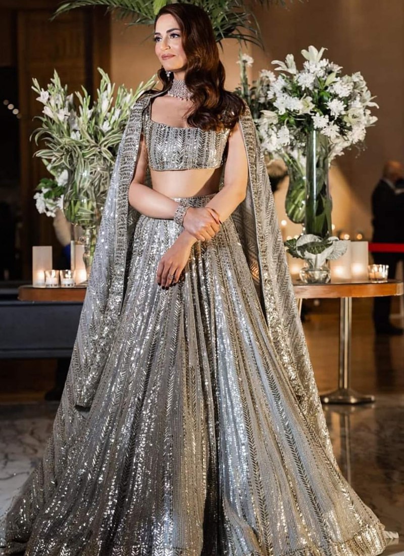Sequined Georgette Lehenga Set with Net Dupatta ClothsVilla