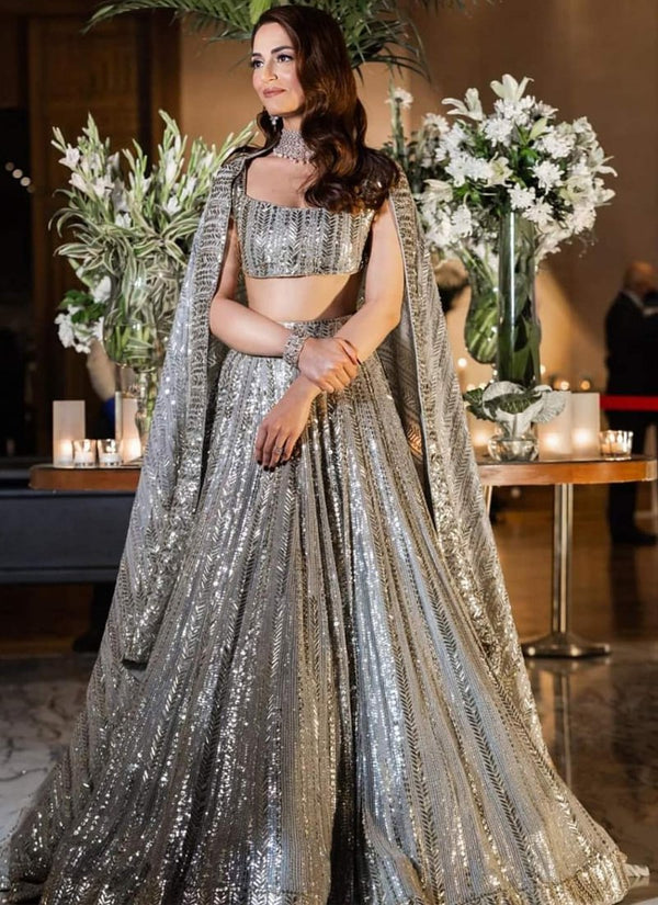 Sequined Georgette Lehenga Set with Net Dupatta ClothsVilla