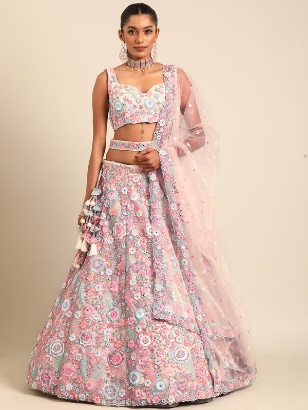 Shimmering Cream Net Lehenga Choli Set with Mirror Work and Sequins ClothsVilla