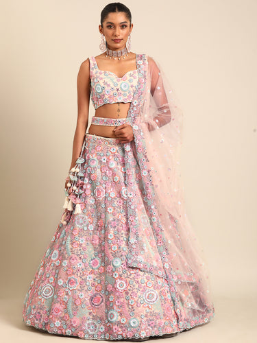 Shimmering Cream Net Lehenga Choli Set with Mirror Work and Sequins ClothsVilla