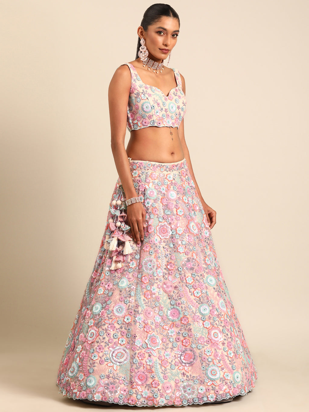 Shimmering Cream Net Lehenga Choli Set with Mirror Work and Sequins ClothsVilla