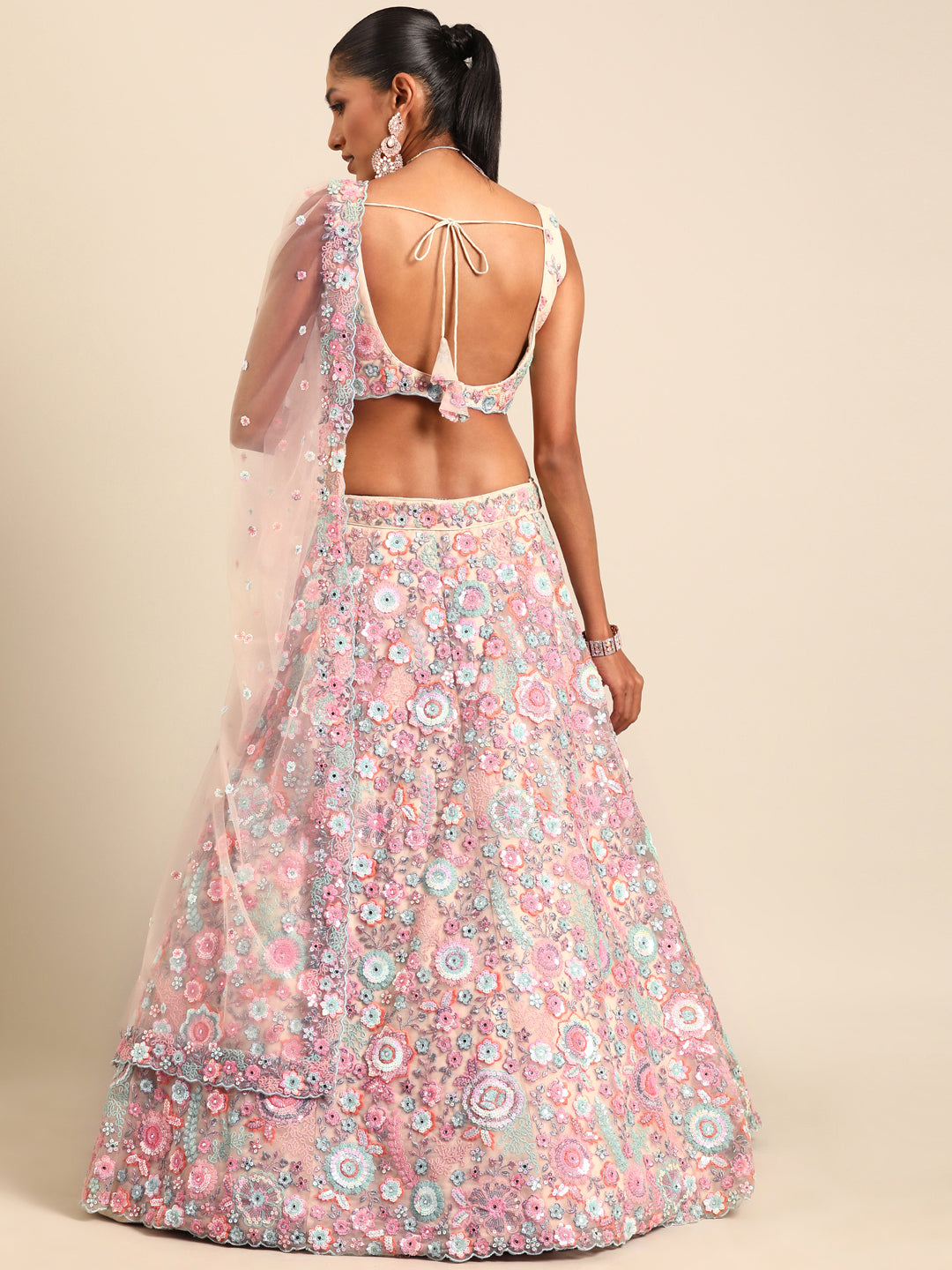 Shimmering Cream Net Lehenga Choli Set with Mirror Work and Sequins ClothsVilla