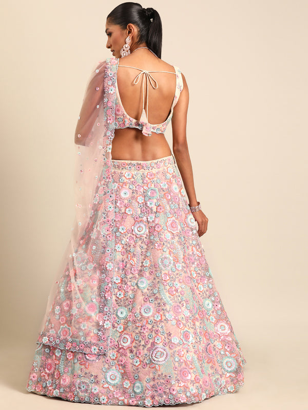 Shimmering Cream Net Lehenga Choli Set with Mirror Work and Sequins ClothsVilla