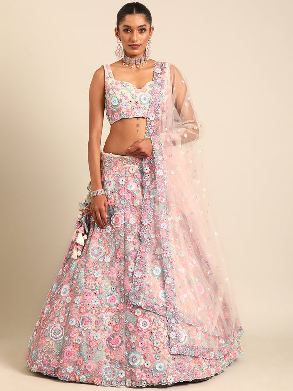 Shimmering Cream Net Lehenga Choli Set with Mirror Work and Sequins ClothsVilla