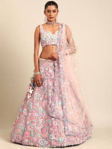 Shimmering Cream Net Lehenga Choli Set with Mirror Work and Sequins ClothsVilla