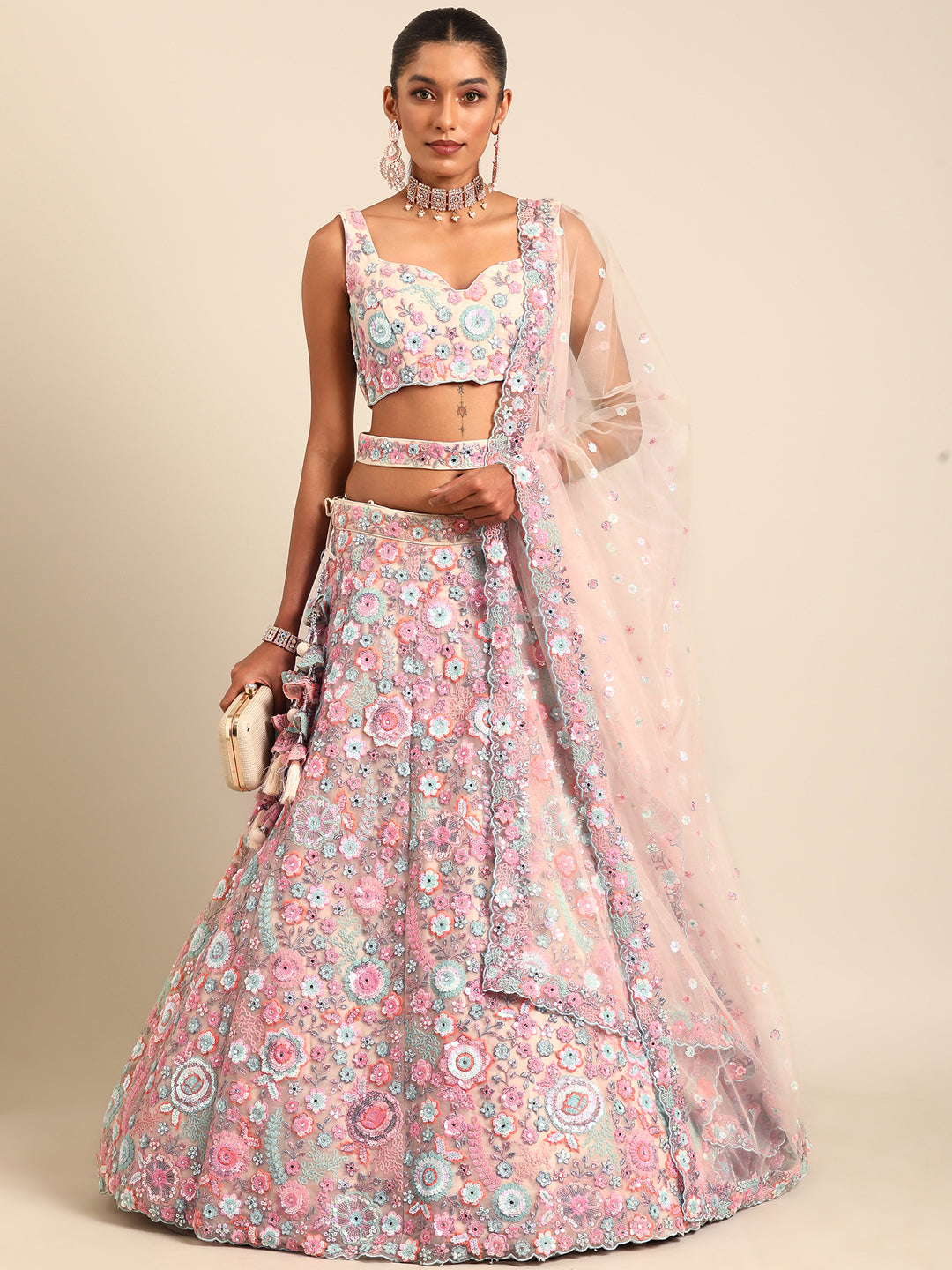 Shimmering Cream Net Lehenga Choli Set with Mirror Work and Sequins ClothsVilla