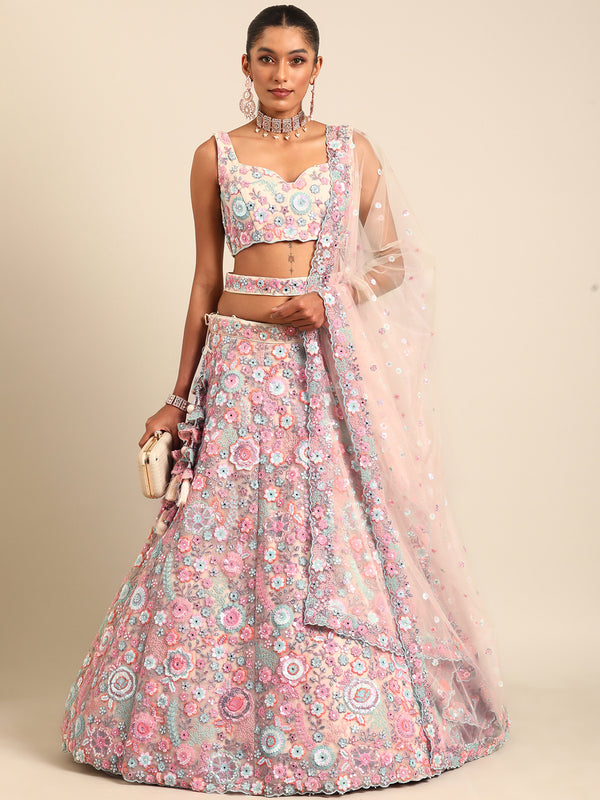 Shimmering Cream Net Lehenga Choli Set with Mirror Work and Sequins ClothsVilla