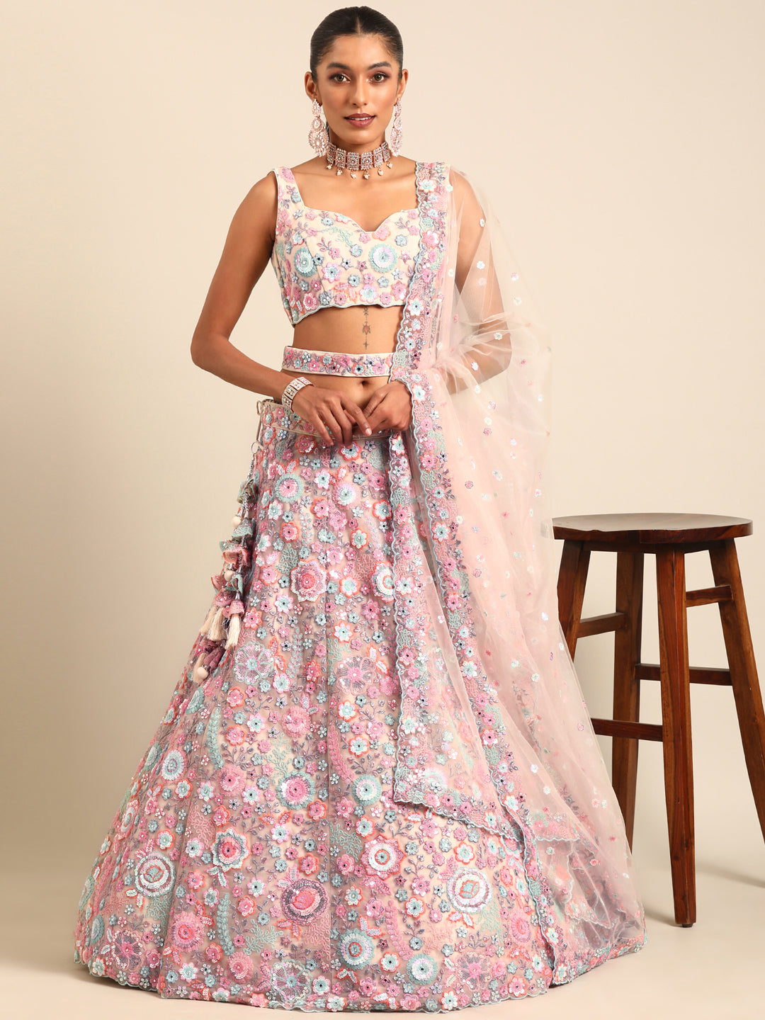 Shimmering Cream Net Lehenga Choli Set with Mirror Work and Sequins ClothsVilla