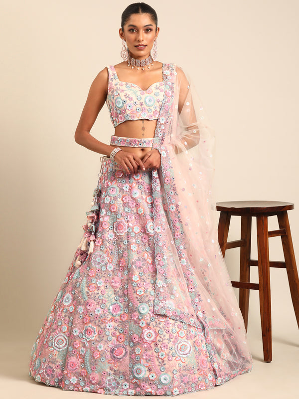 Shimmering Cream Net Lehenga Choli Set with Mirror Work and Sequins ClothsVilla