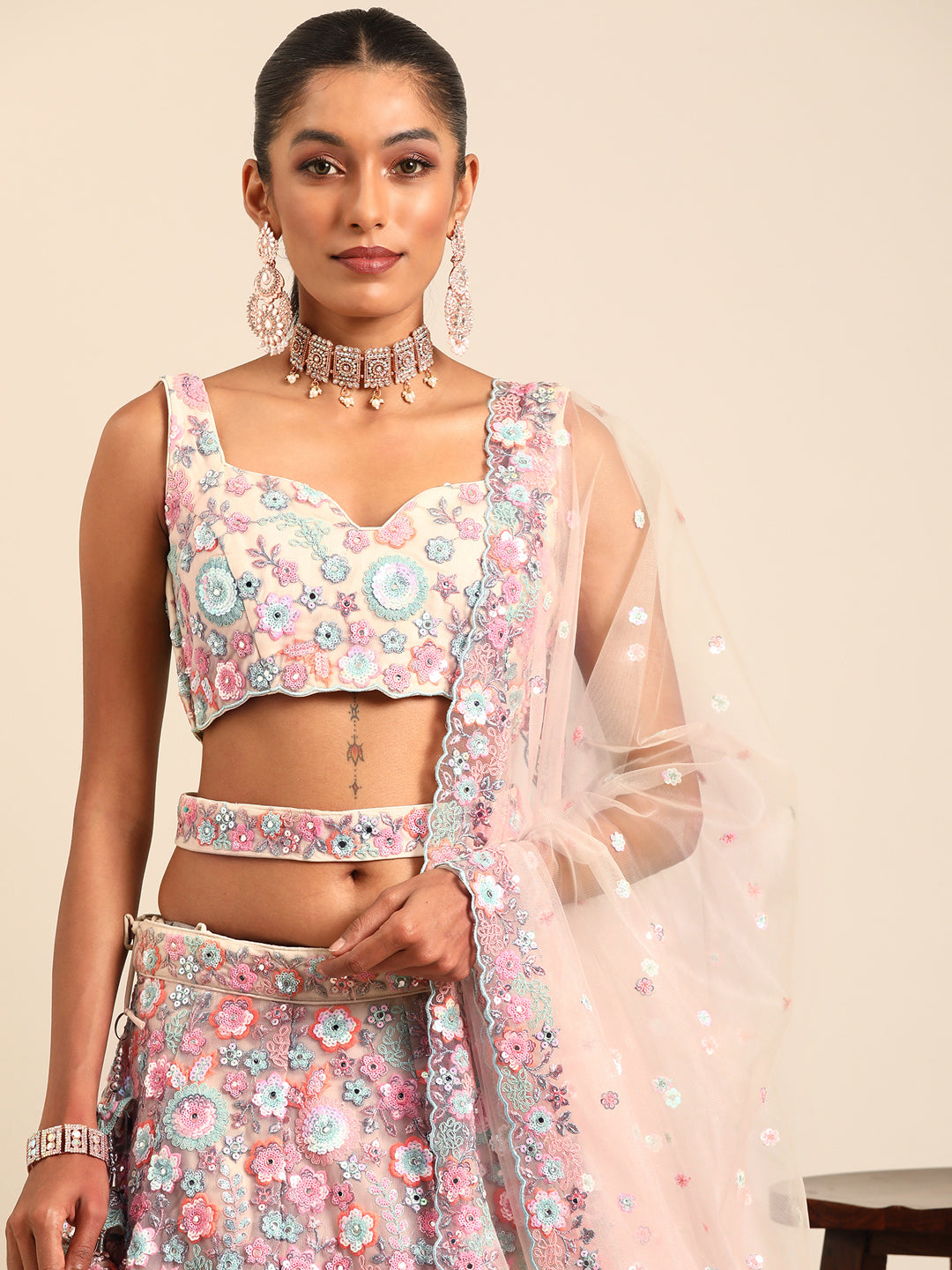 Shimmering Cream Net Lehenga Choli Set with Mirror Work and Sequins ClothsVilla