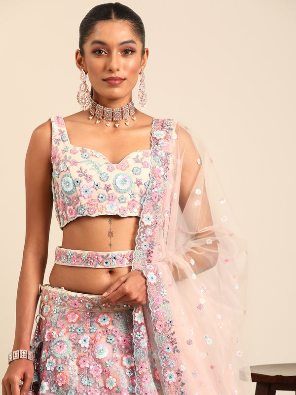 Shimmering Cream Net Lehenga Choli Set with Mirror Work and Sequins ClothsVilla