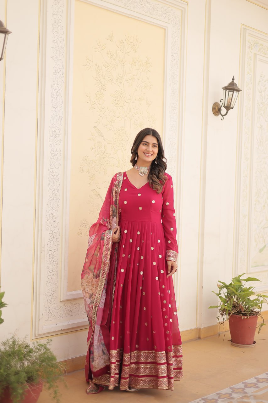 Shimmering Faux Georgette Embroidered Rani Pink Gown with Sequin Accents ClothsVilla Main image