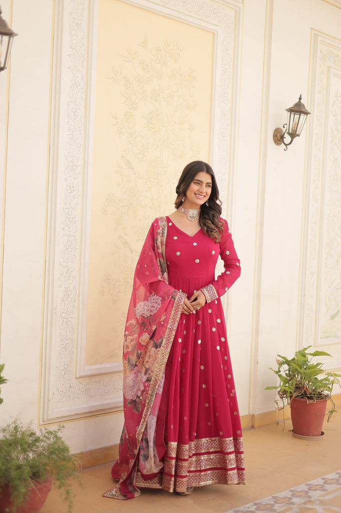 Shimmering Faux Georgette Embroidered Rani Pink Gown with Sequin Accents ClothsVilla