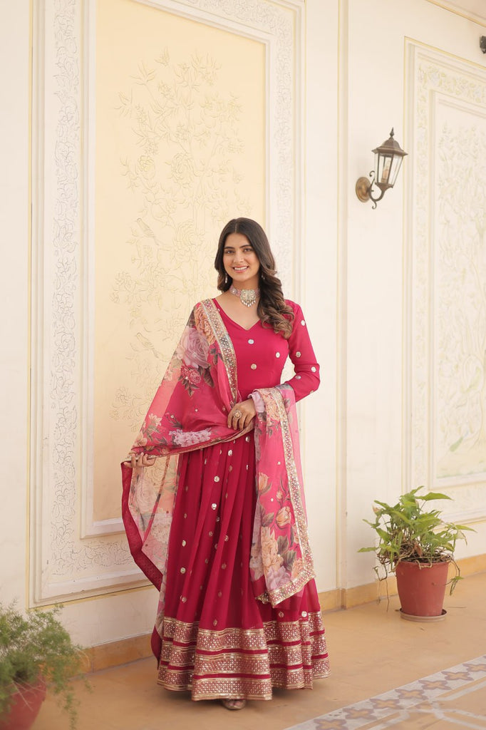 Shimmering Faux Georgette Embroidered Rani Pink Gown with Sequin Accents ClothsVilla