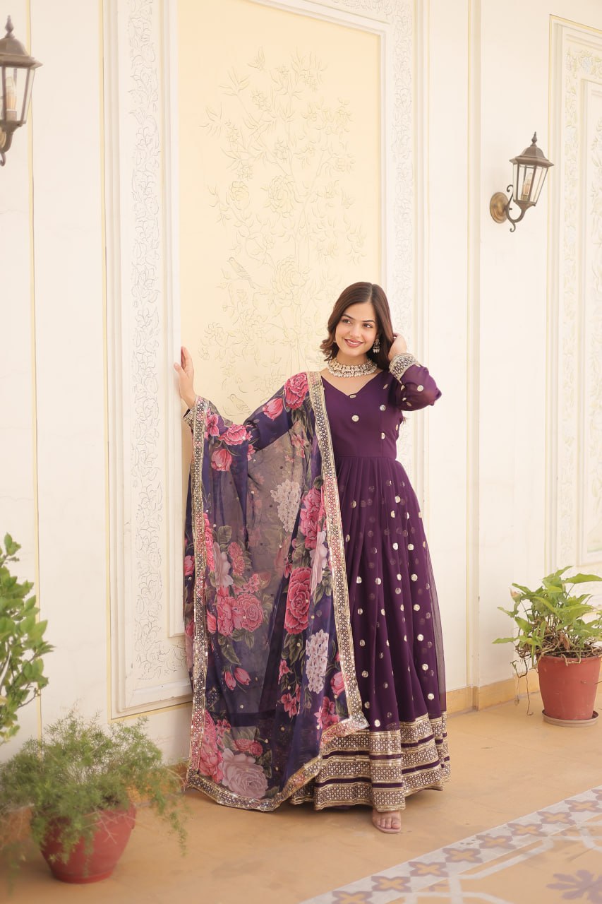 Shimmering Faux Georgette Embroidered Wine Gown with Sequin Accents ClothsVilla Main image