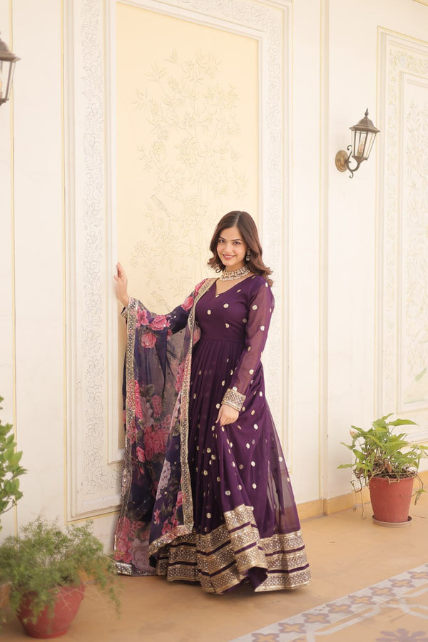 Shimmering Faux Georgette Embroidered Wine Gown with Sequin Accents ClothsVilla