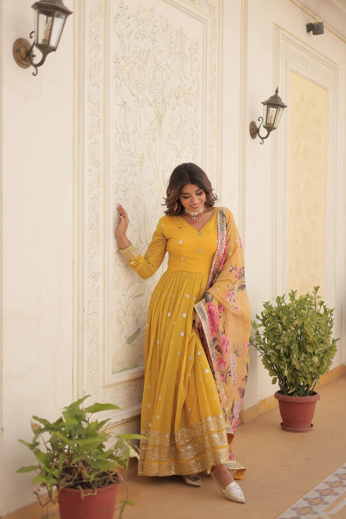 Shimmering Faux Georgette Embroidered Yellow Gown with Sequin Accents ClothsVilla