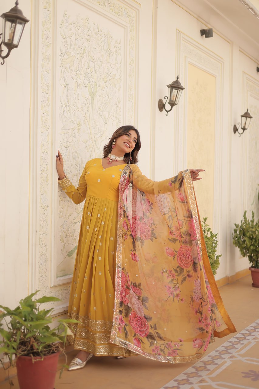 Shimmering Faux Georgette Embroidered Yellow Gown with Sequin Accents ClothsVilla
