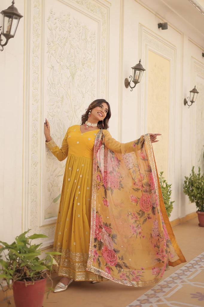 Shimmering Faux Georgette Embroidered Yellow Gown with Sequin Accents ClothsVilla