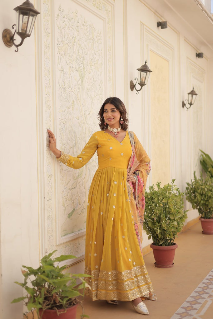 Shimmering Faux Georgette Embroidered Yellow Gown with Sequin Accents ClothsVilla