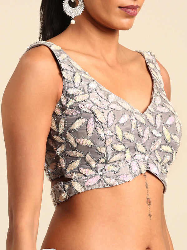 Shimmering Grey Organza Sequin Lehenga Choli Set with Zari Embroidery ClothsVilla