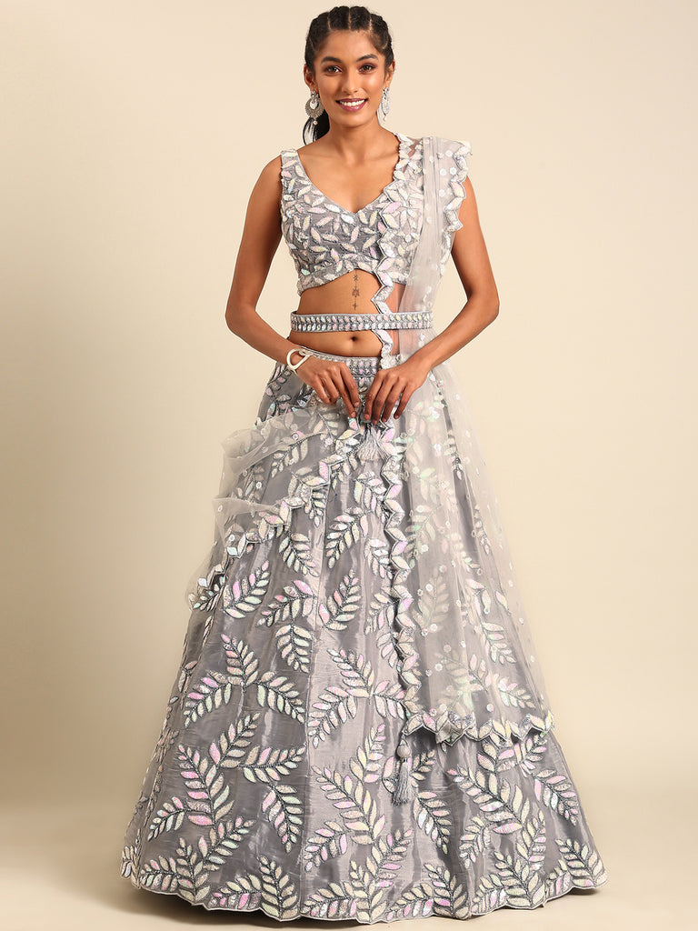 Shimmering Grey Organza Sequin Lehenga Choli Set with Zari Embroidery ClothsVilla