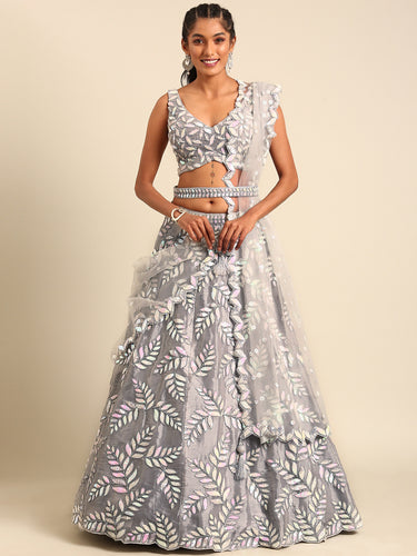 Shimmering Grey Organza Sequin Lehenga Choli Set with Zari Embroidery ClothsVilla