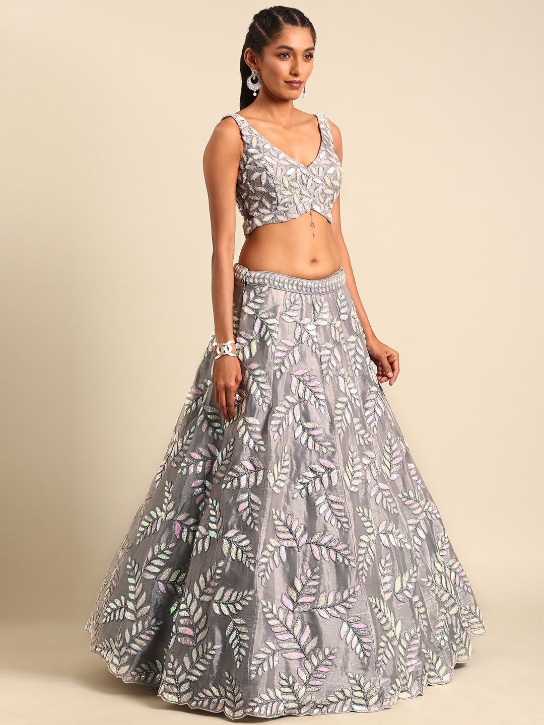 Shimmering Grey Organza Sequin Lehenga Choli Set with Zari Embroidery ClothsVilla