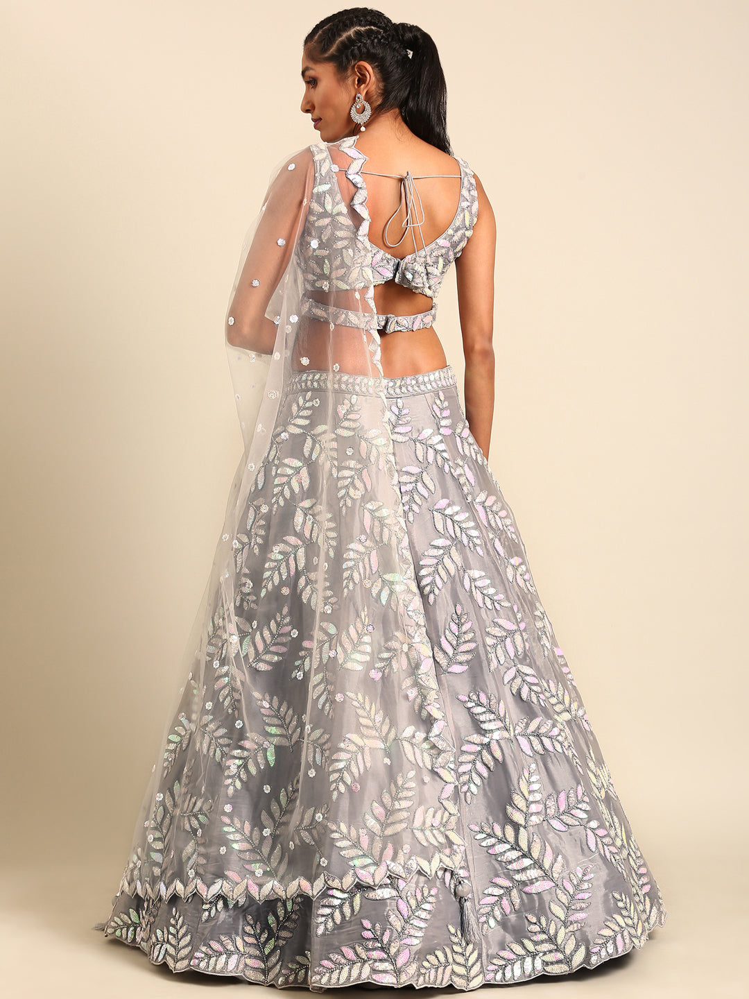 Shimmering Grey Organza Sequin Lehenga Choli Set with Zari Embroidery ClothsVilla