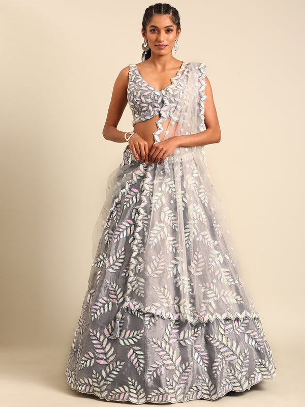Shimmering Grey Organza Sequin Lehenga Choli Set with Zari Embroidery ClothsVilla