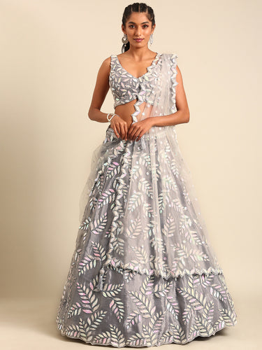 Shimmering Grey Organza Sequin Lehenga Choli Set with Zari Embroidery ClothsVilla