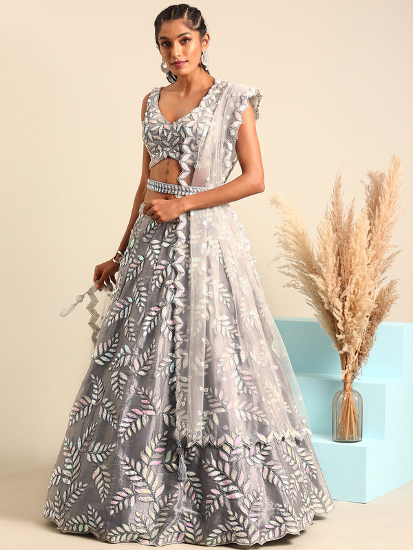 Shimmering Grey Organza Sequin Lehenga Choli Set with Zari Embroidery ClothsVilla