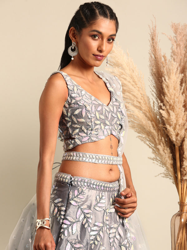 Shimmering Grey Organza Sequin Lehenga Choli Set with Zari Embroidery ClothsVilla