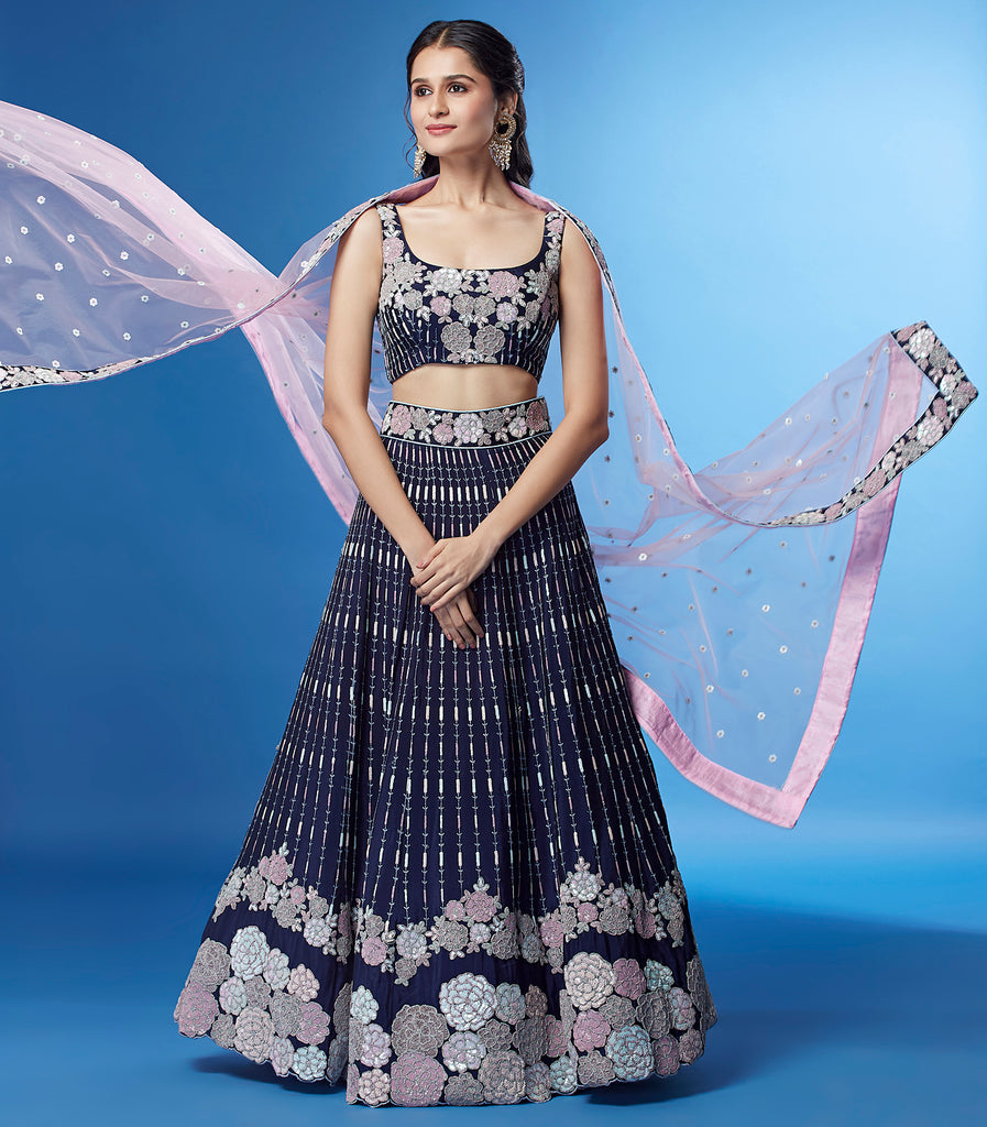 Shimmering Navy Blue Georgette Lehenga with Multi-Sequin Work ClothsVilla