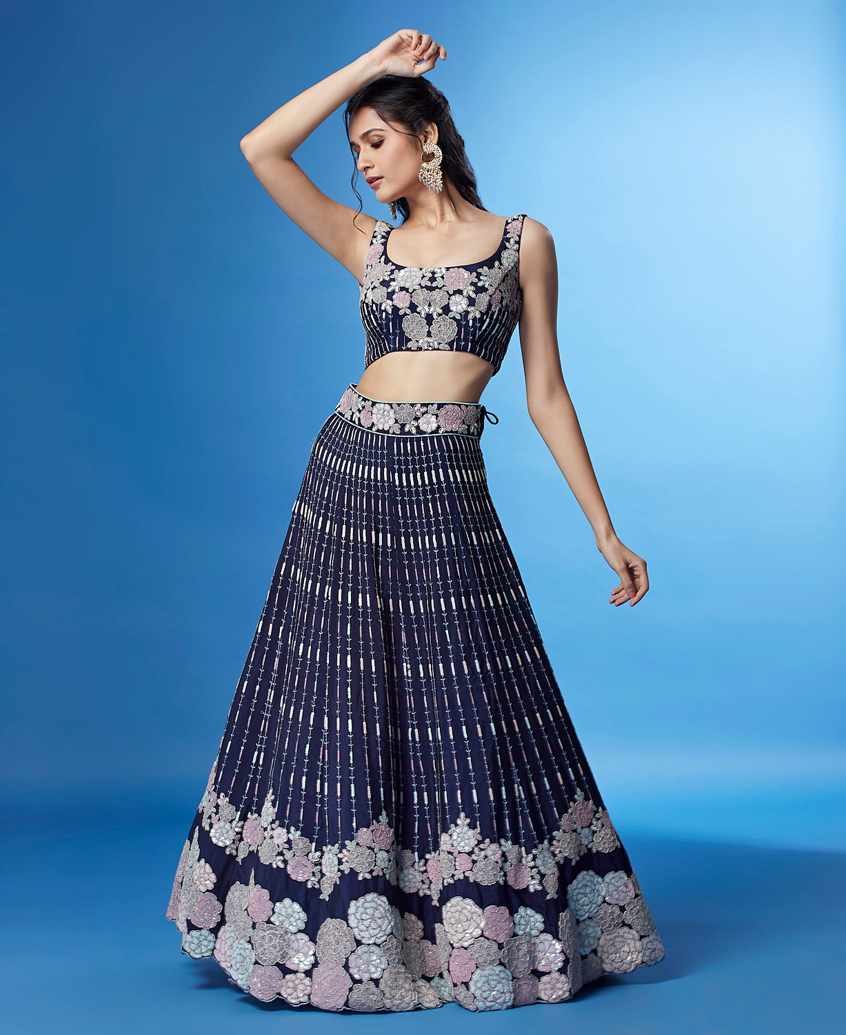 Shimmering Navy Blue Georgette Lehenga with Multi-Sequin Work ClothsVilla