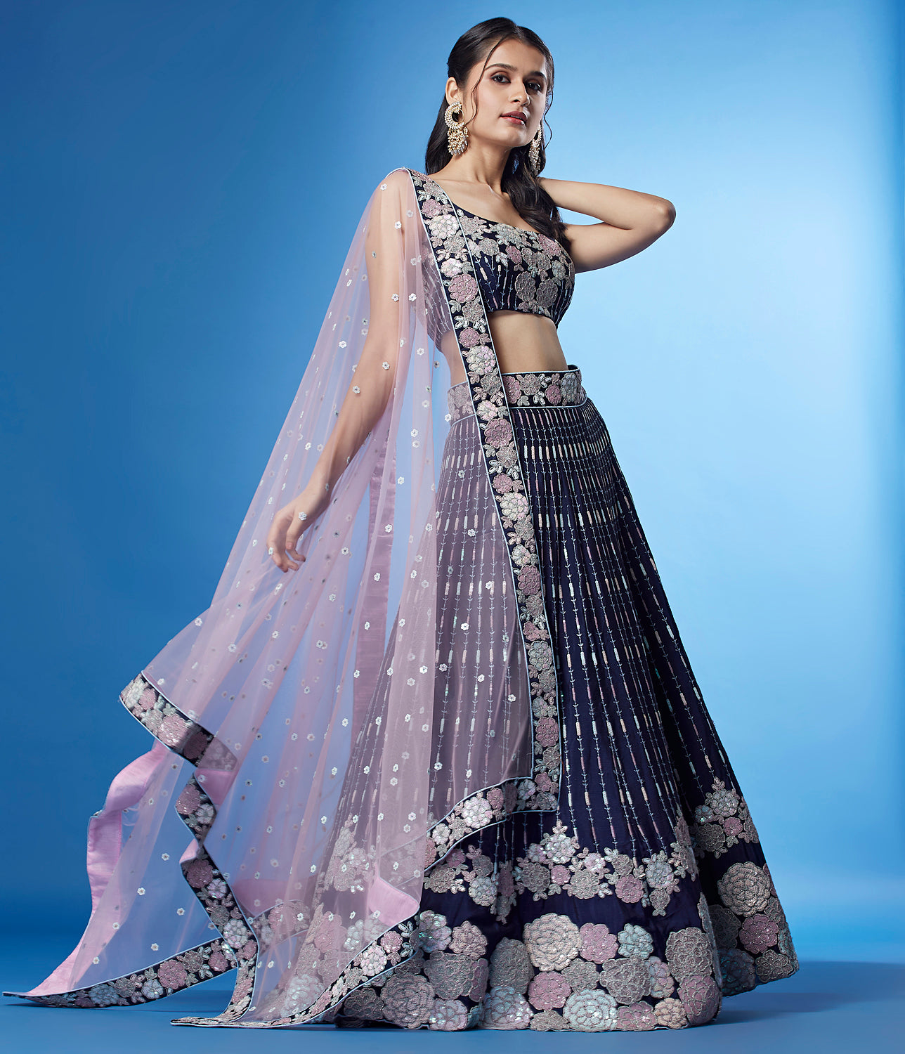 Shimmering Navy Blue Georgette Lehenga with Multi-Sequin Work ClothsVilla
