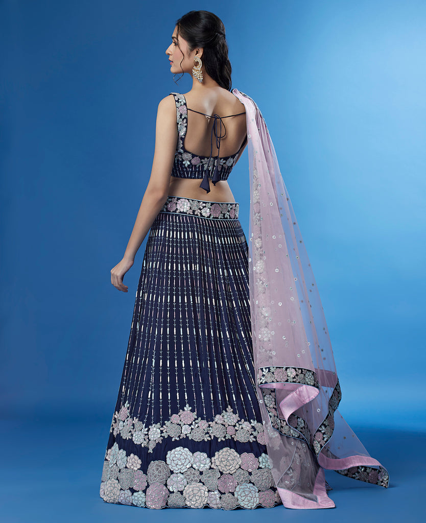 Shimmering Navy Blue Georgette Lehenga with Multi-Sequin Work ClothsVilla