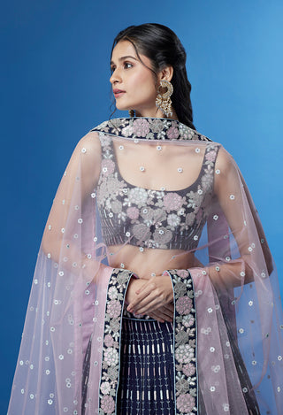 Shimmering Navy Blue Georgette Lehenga with Multi-Sequin Work ClothsVilla