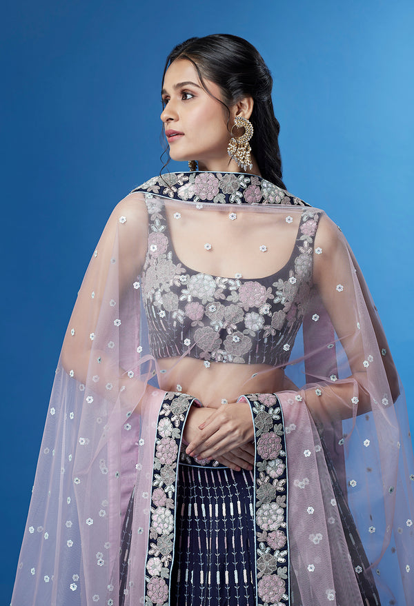 Shimmering Navy Blue Georgette Lehenga with Multi-Sequin Work ClothsVilla